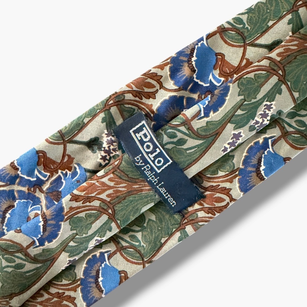 Polo Ralph Lauren Tie Mens Green Blue Floral Art Nouveau Silk Hand Made in USA
